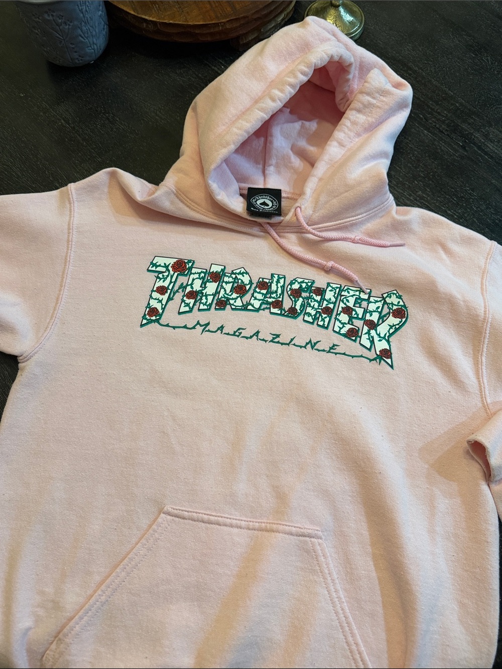 Thrasher Pink Hoodie with Floral Green & Red Logo